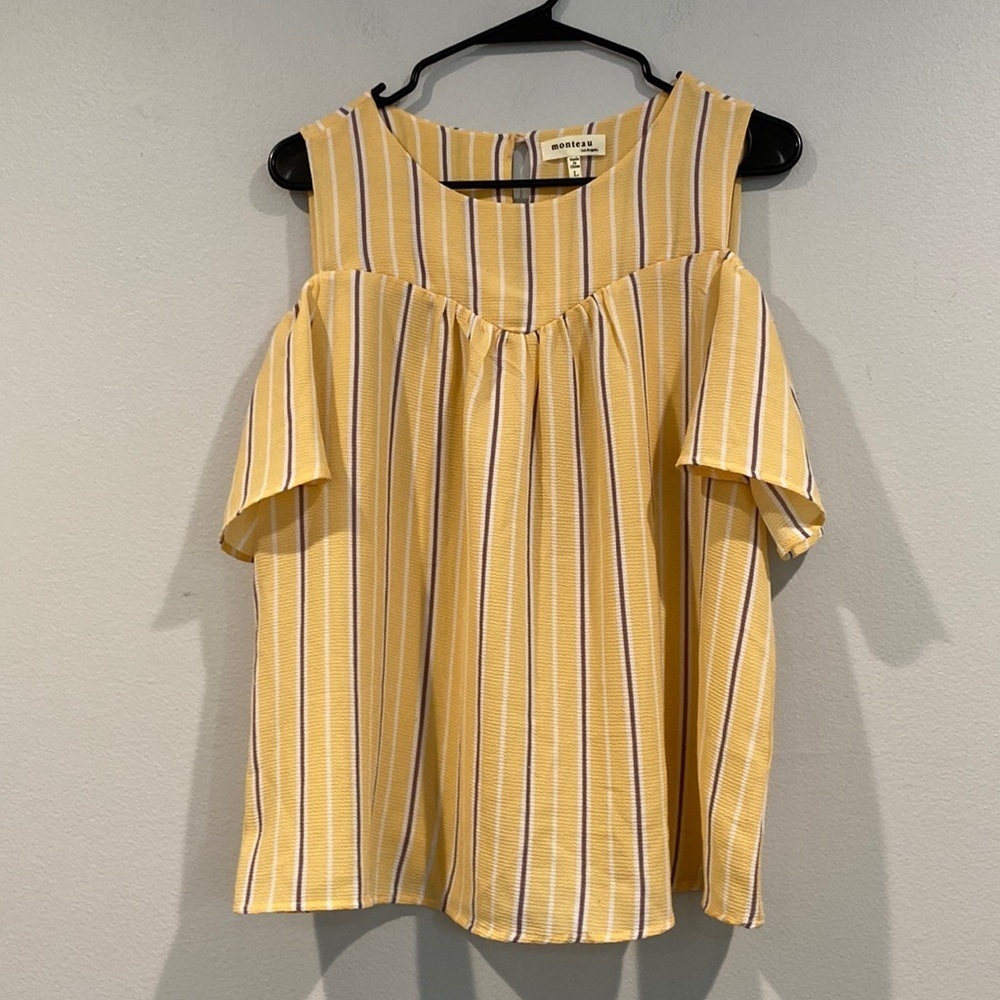Monteau Yellow Stripped Cold Shoulder Blouse - Size Large